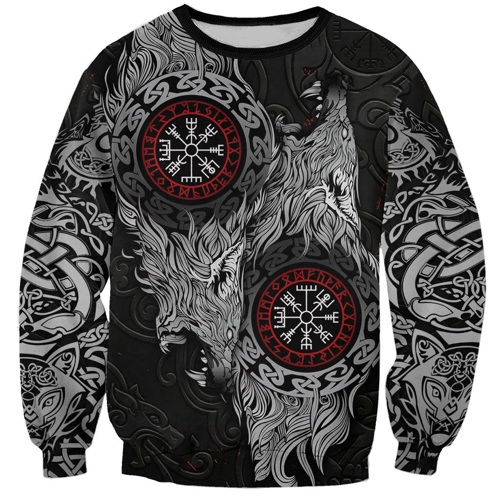 Fenrir Wolf and Vegvisir Viking Sweatshirt Nordic Celtic Knotwork Black and Red Tribal Art