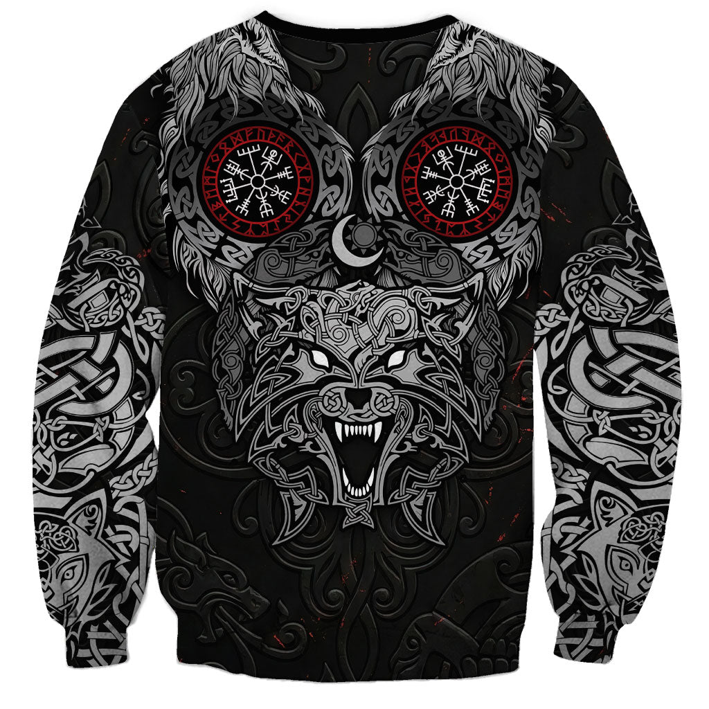 Fenrir Wolf and Vegvisir Viking Sweatshirt Nordic Celtic Knotwork Black and Red Tribal Art