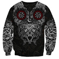Fenrir Wolf and Vegvisir Viking Sweatshirt Nordic Celtic Knotwork Black and Red Tribal Art