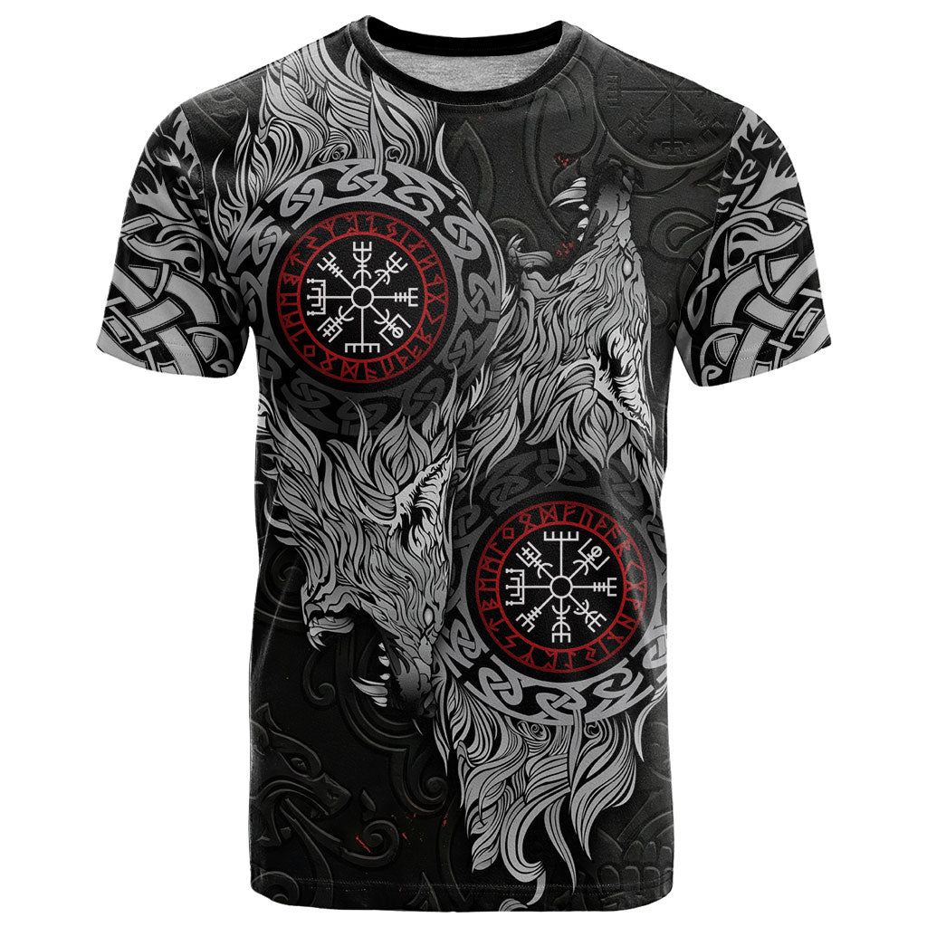 Fenrir Wolf and Vegvisir Viking T Shirt Nordic Celtic Knotwork Black and Red Tribal Art