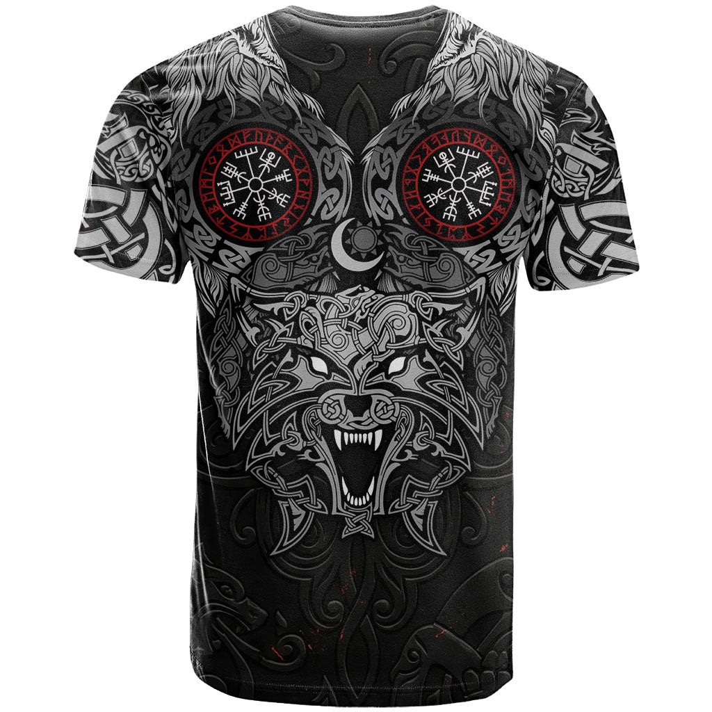 Fenrir Wolf and Vegvisir Viking T Shirt Nordic Celtic Knotwork Black and Red Tribal Art