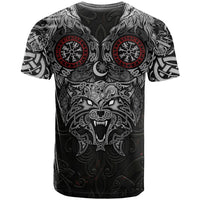 Fenrir Wolf and Vegvisir Viking T Shirt Nordic Celtic Knotwork Black and Red Tribal Art