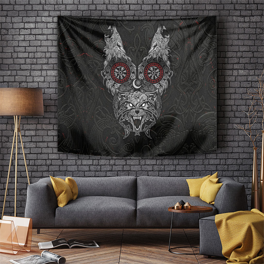 Fenrir Wolf and Vegvisir Viking Tapestry Nordic Celtic Knotwork Black and Red Tribal Art