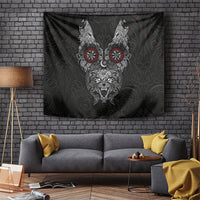 Fenrir Wolf and Vegvisir Viking Tapestry Nordic Celtic Knotwork Black and Red Tribal Art