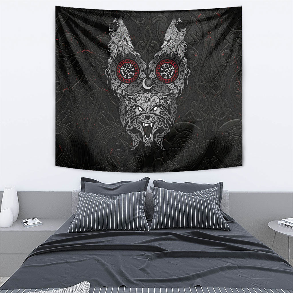 Fenrir Wolf and Vegvisir Viking Tapestry Nordic Celtic Knotwork Black and Red Tribal Art