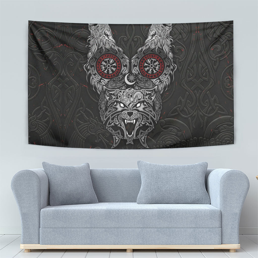 Fenrir Wolf and Vegvisir Viking Tapestry Nordic Celtic Knotwork Black and Red Tribal Art