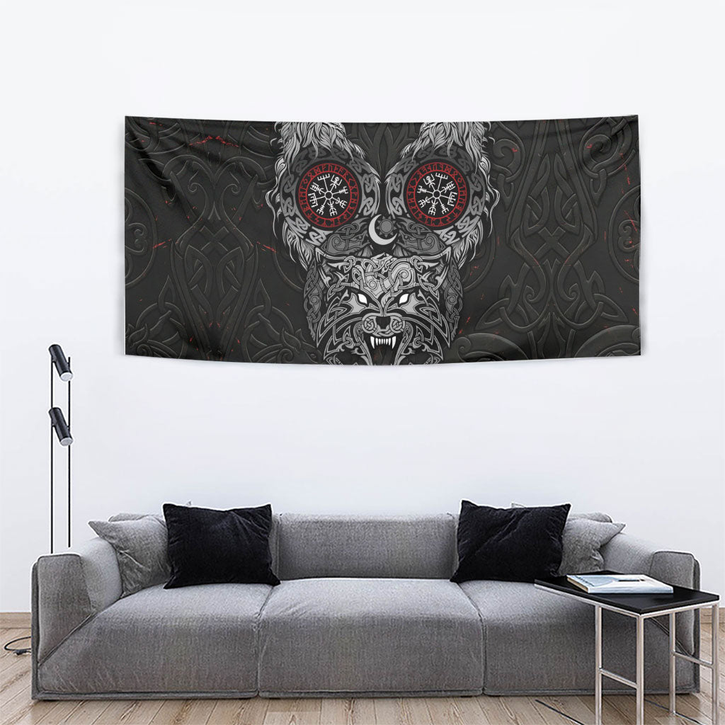 Fenrir Wolf and Vegvisir Viking Tapestry Nordic Celtic Knotwork Black and Red Tribal Art