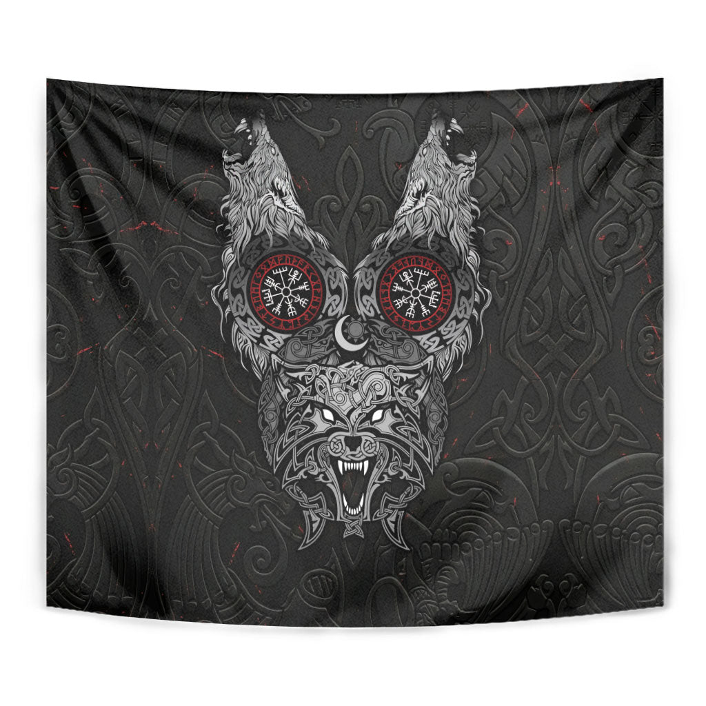 Fenrir Wolf and Vegvisir Viking Tapestry Nordic Celtic Knotwork Black and Red Tribal Art