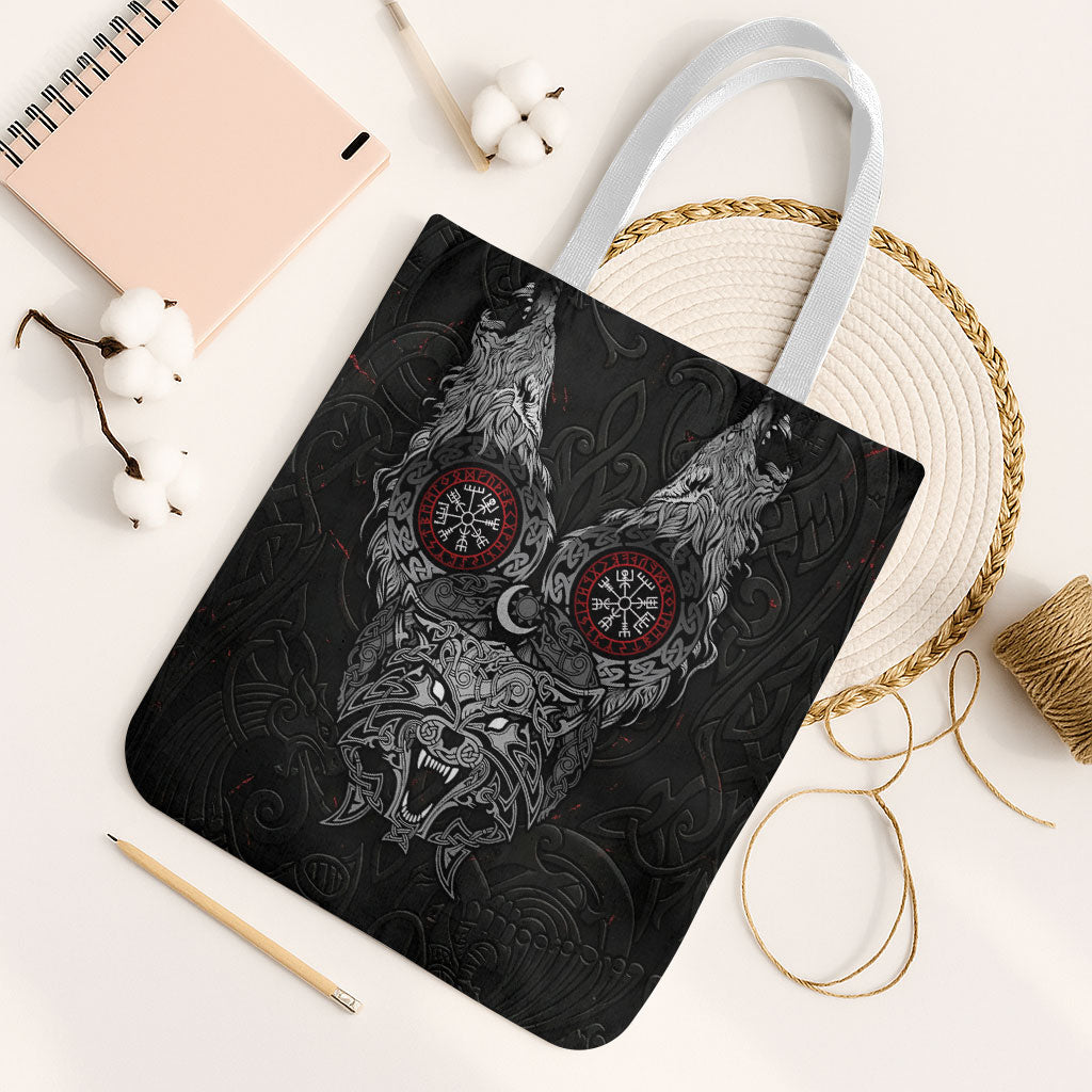 Fenrir Wolf and Vegvisir Viking Tote Bag Nordic Celtic Knotwork Black and Red Tribal Art