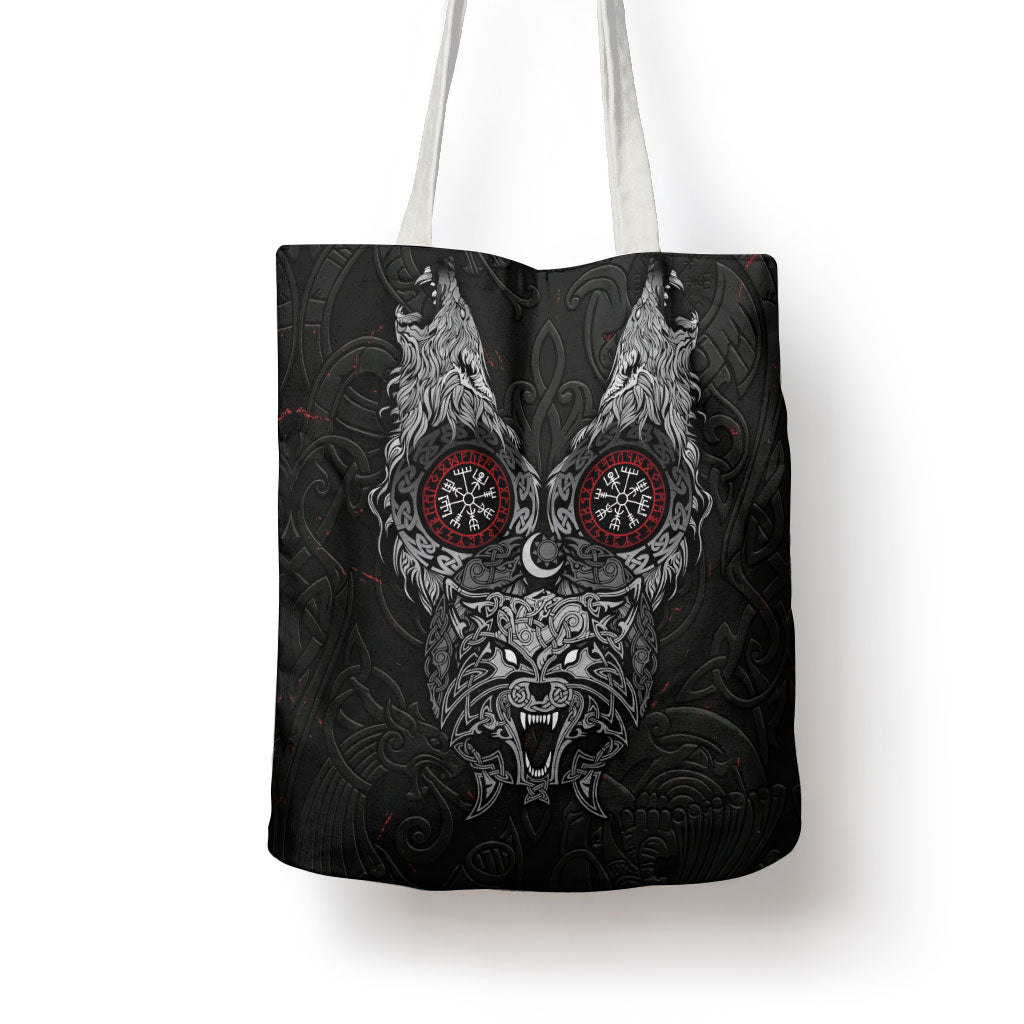 Fenrir Wolf and Vegvisir Viking Tote Bag Nordic Celtic Knotwork Black and Red Tribal Art