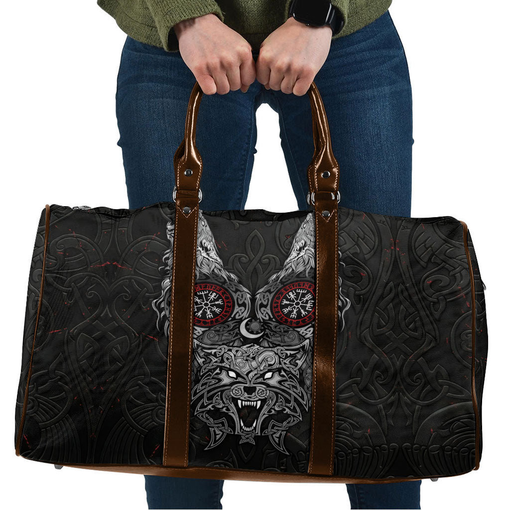 Fenrir Wolf and Vegvisir Viking Travel Bag Nordic Celtic Knotwork Black and Red Tribal Art