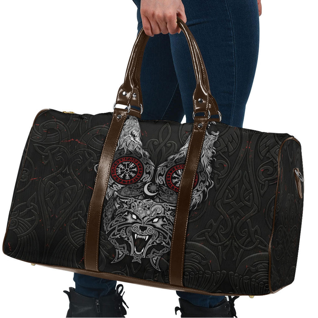 Fenrir Wolf and Vegvisir Viking Travel Bag Nordic Celtic Knotwork Black and Red Tribal Art