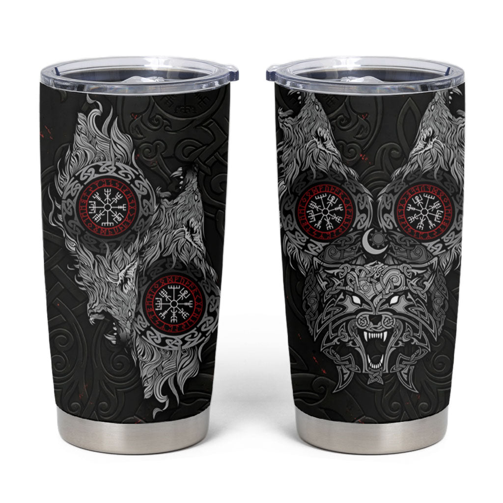 Fenrir Wolf and Vegvisir Viking Tumbler Cup Nordic Celtic Knotwork Black and Red Tribal Art