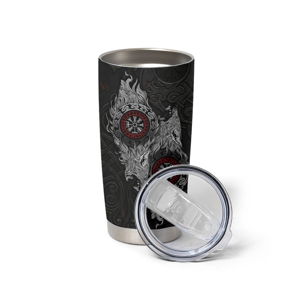 Fenrir Wolf and Vegvisir Viking Tumbler Cup Nordic Celtic Knotwork Black and Red Tribal Art