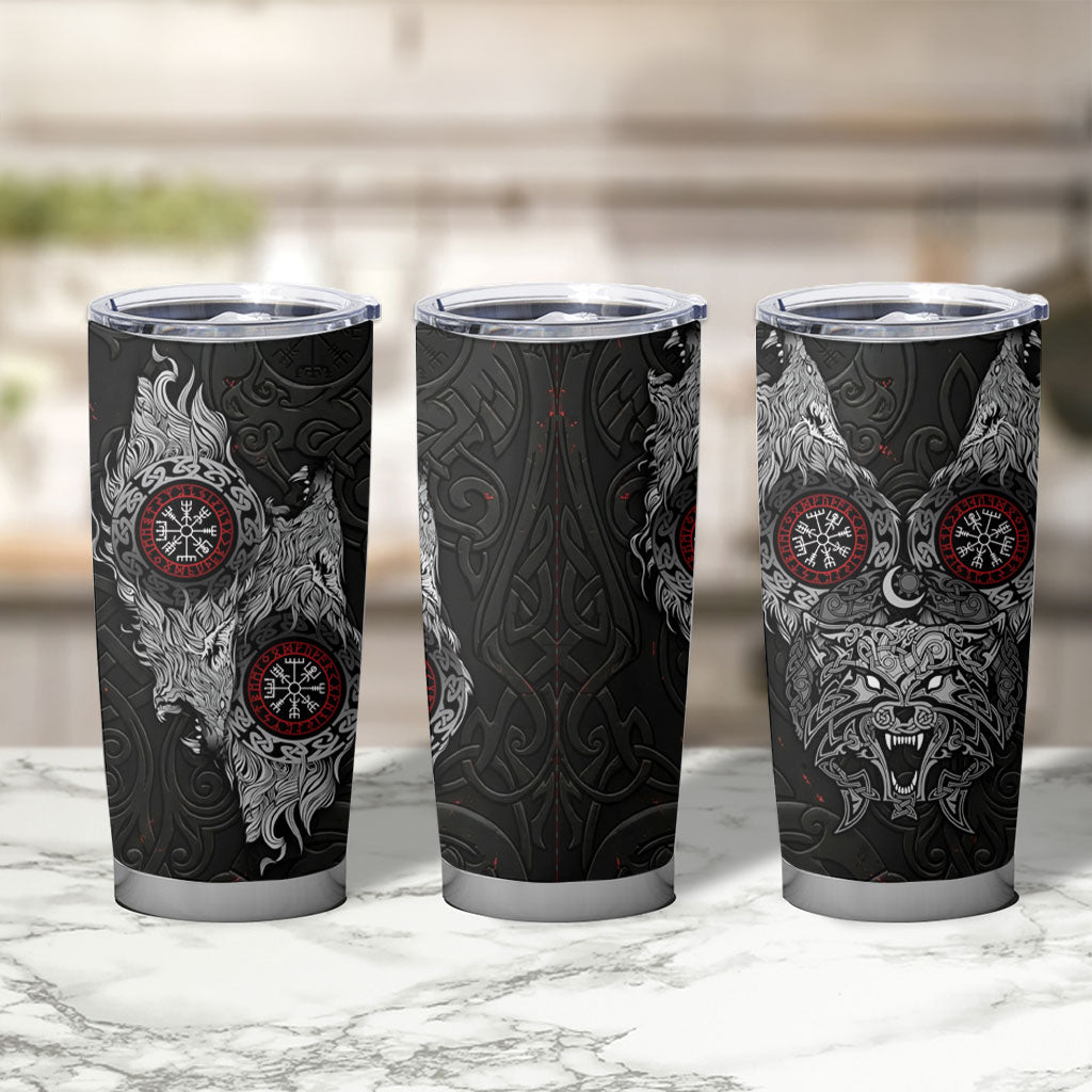Fenrir Wolf and Vegvisir Viking Tumbler Cup Nordic Celtic Knotwork Black and Red Tribal Art