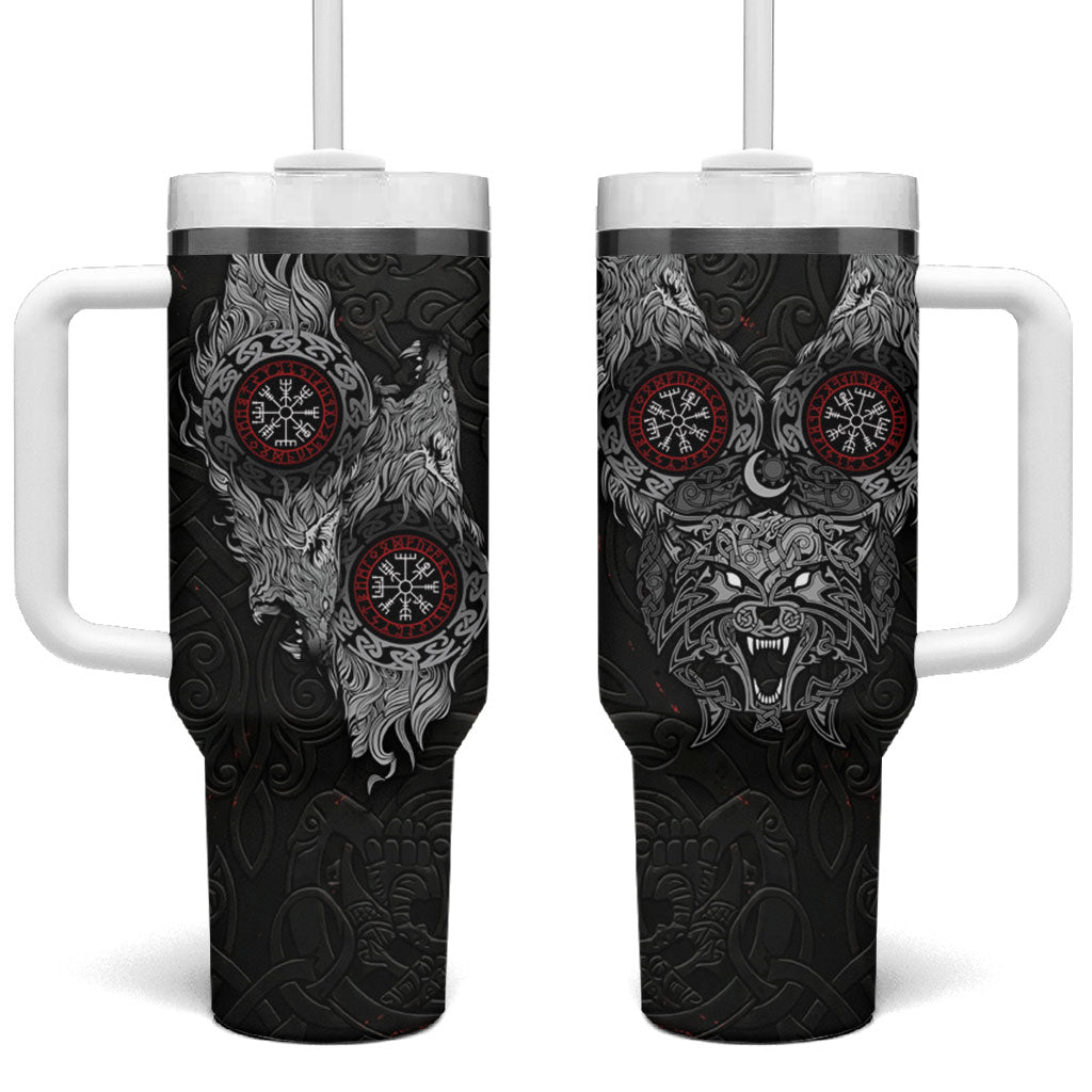 Fenrir Wolf and Vegvisir Viking Tumbler With Handle Nordic Celtic Knotwork Black and Red Tribal Art