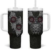 Fenrir Wolf and Vegvisir Viking Tumbler With Handle Nordic Celtic Knotwork Black and Red Tribal Art