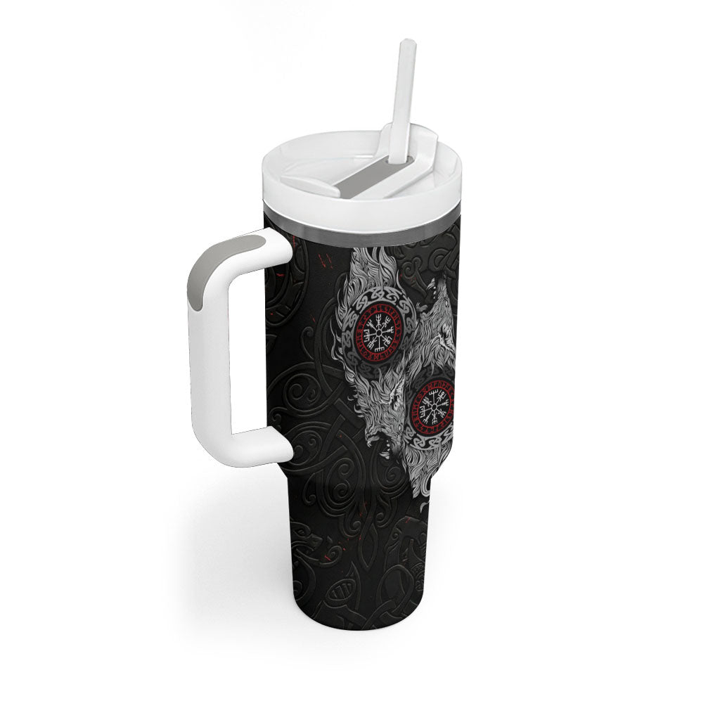 Fenrir Wolf and Vegvisir Viking Tumbler With Handle Nordic Celtic Knotwork Black and Red Tribal Art
