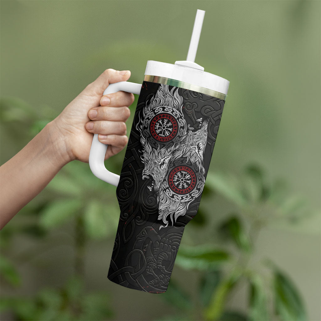 Fenrir Wolf and Vegvisir Viking Tumbler With Handle Nordic Celtic Knotwork Black and Red Tribal Art