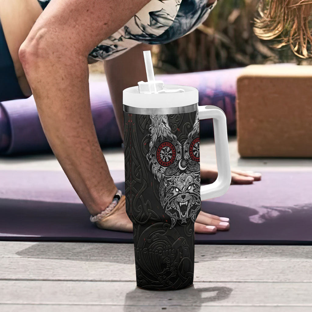 Fenrir Wolf and Vegvisir Viking Tumbler With Handle Nordic Celtic Knotwork Black and Red Tribal Art