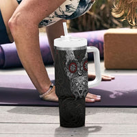 Fenrir Wolf and Vegvisir Viking Tumbler With Handle Nordic Celtic Knotwork Black and Red Tribal Art