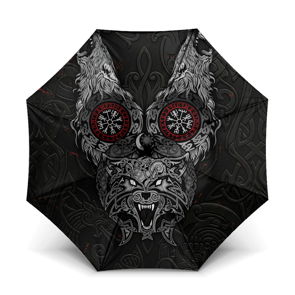 Fenrir Wolf and Vegvisir Viking Umbrella Nordic Celtic Knotwork Black and Red Tribal Art