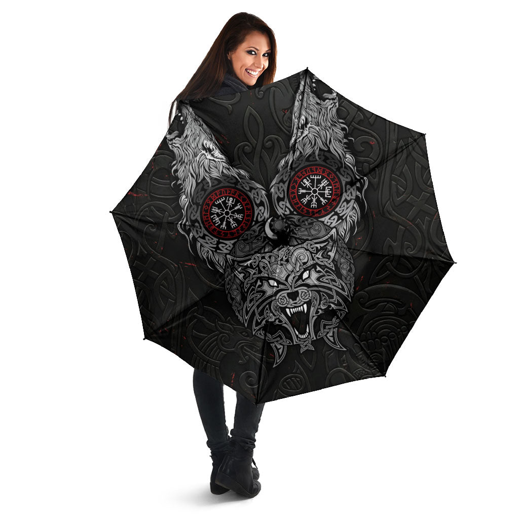Fenrir Wolf and Vegvisir Viking Umbrella Nordic Celtic Knotwork Black and Red Tribal Art