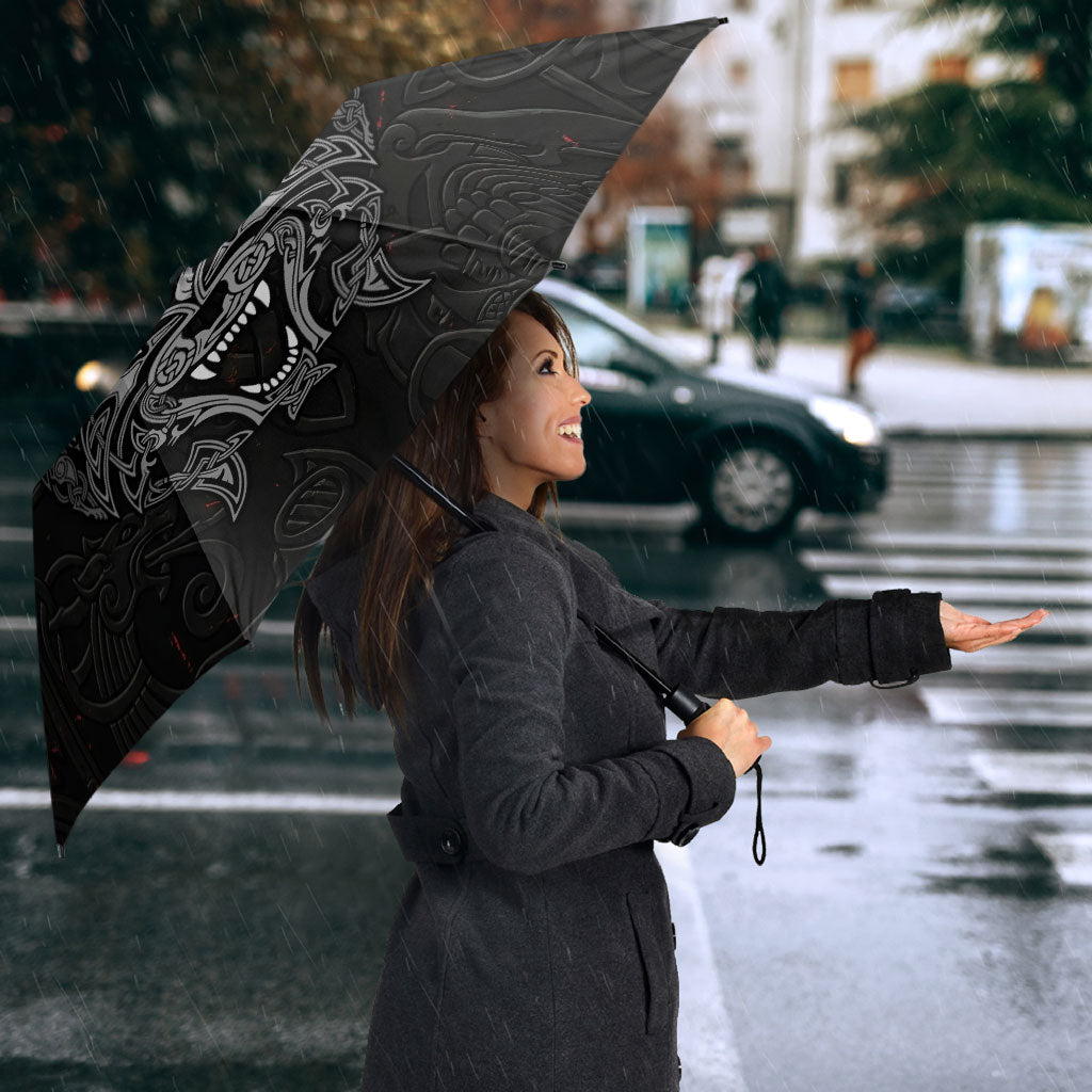Fenrir Wolf and Vegvisir Viking Umbrella Nordic Celtic Knotwork Black and Red Tribal Art