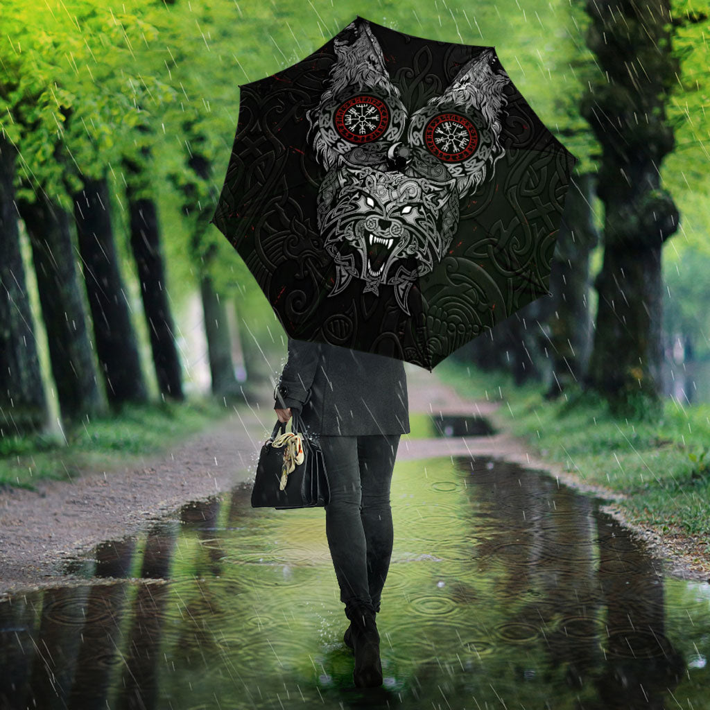 Fenrir Wolf and Vegvisir Viking Umbrella Nordic Celtic Knotwork Black and Red Tribal Art