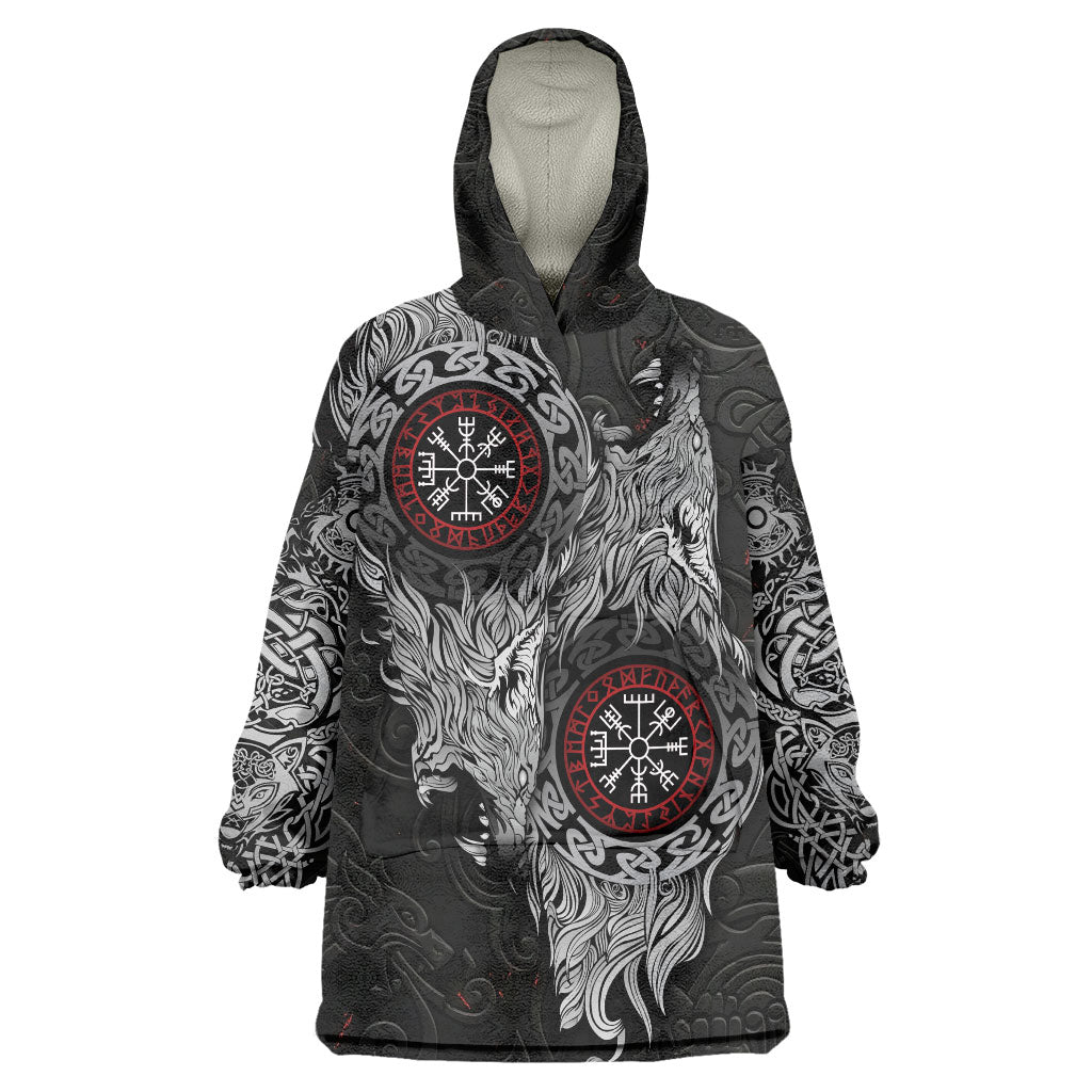 Fenrir Wolf and Vegvisir Viking Wearable Blanket Hoodie Nordic Celtic Knotwork Black and Red Tribal Art