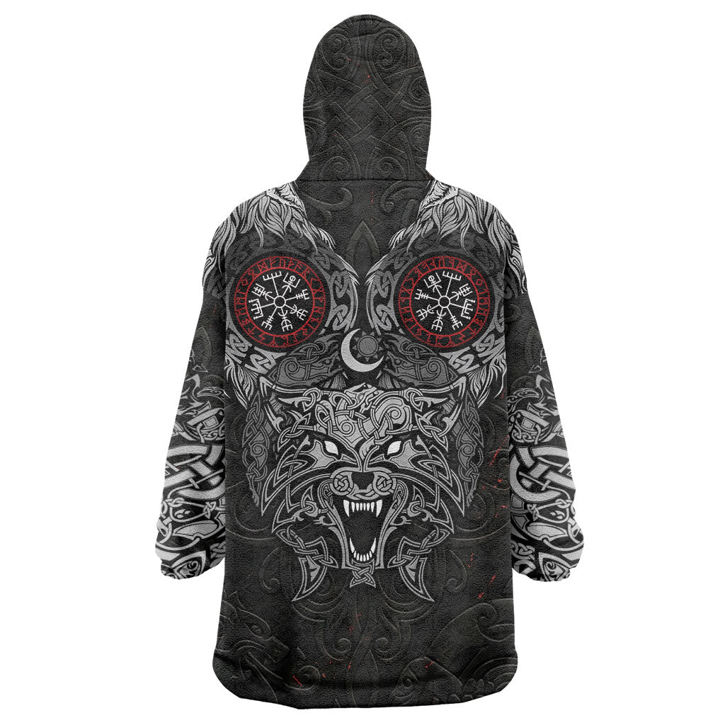 Fenrir Wolf and Vegvisir Viking Wearable Blanket Hoodie Nordic Celtic Knotwork Black and Red Tribal Art