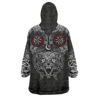 Fenrir Wolf and Vegvisir Viking Wearable Blanket Hoodie Nordic Celtic Knotwork Black and Red Tribal Art