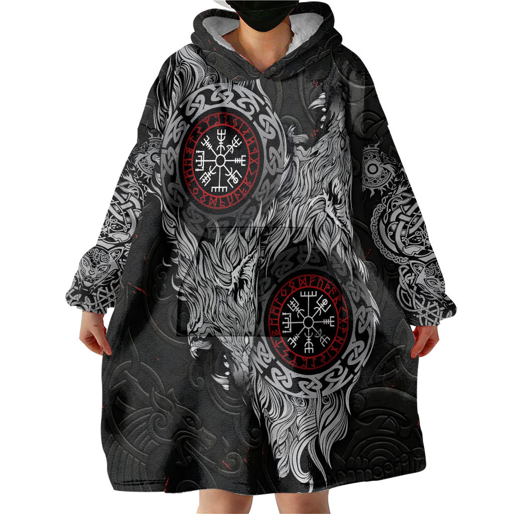 Fenrir Wolf and Vegvisir Viking Wearable Blanket Hoodie Nordic Celtic Knotwork Black and Red Tribal Art
