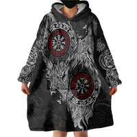 Fenrir Wolf and Vegvisir Viking Wearable Blanket Hoodie Nordic Celtic Knotwork Black and Red Tribal Art