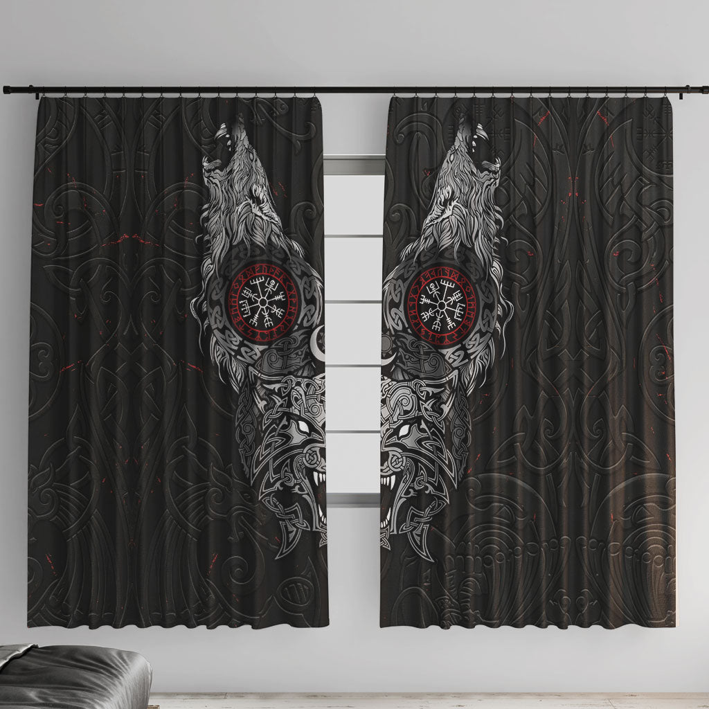 Fenrir Wolf and Vegvisir Viking Window Curtain Nordic Celtic Knotwork Black and Red Tribal Art