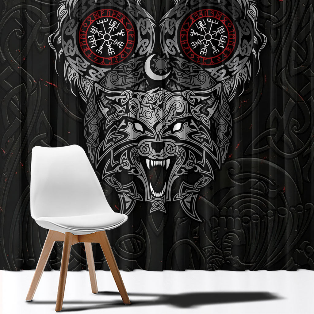Fenrir Wolf and Vegvisir Viking Window Curtain Nordic Celtic Knotwork Black and Red Tribal Art