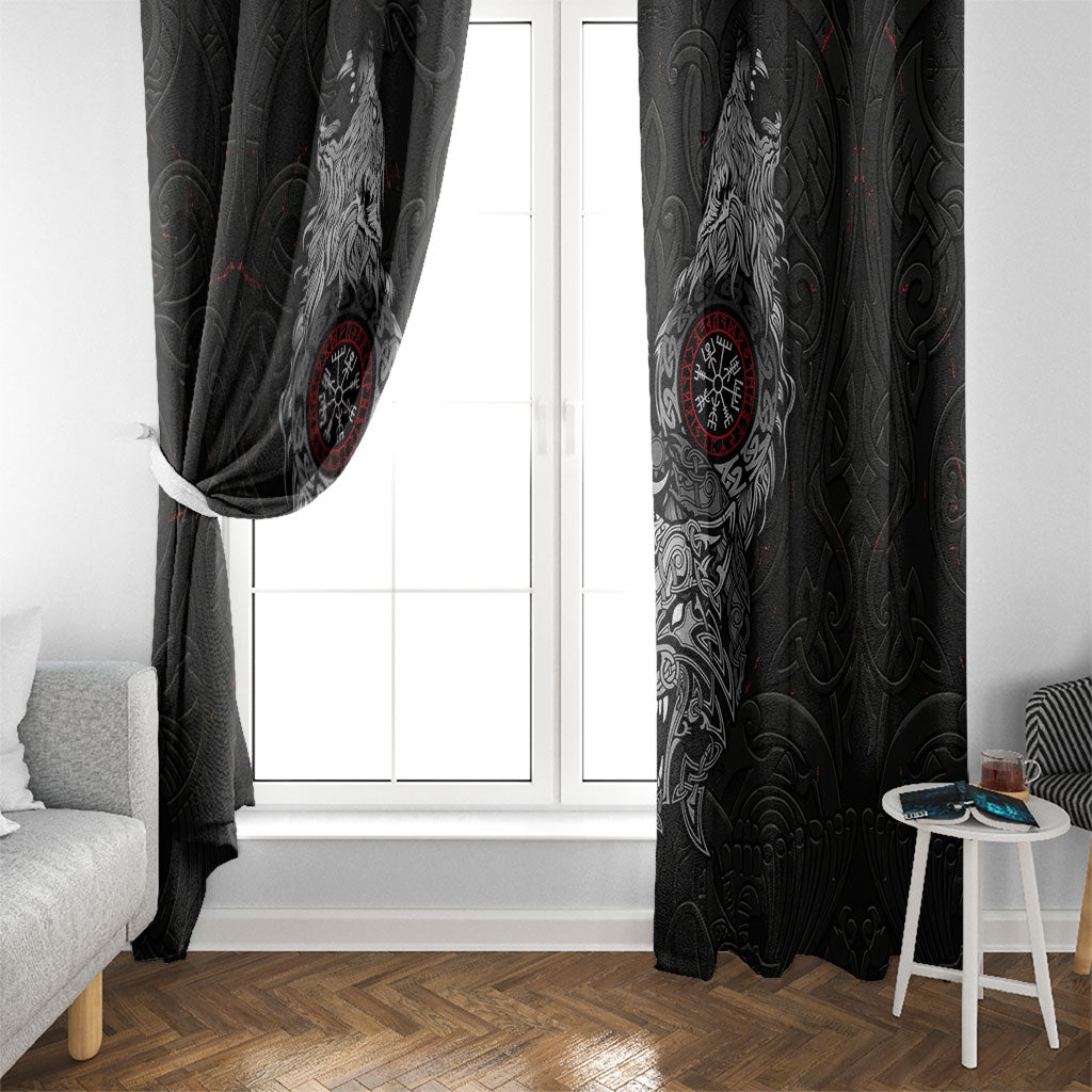 Fenrir Wolf and Vegvisir Viking Window Curtain Nordic Celtic Knotwork Black and Red Tribal Art