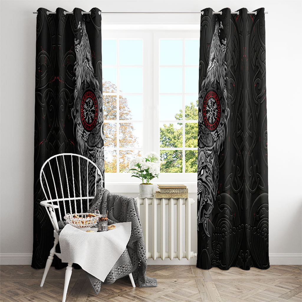 Fenrir Wolf and Vegvisir Viking Window Curtain Nordic Celtic Knotwork Black and Red Tribal Art