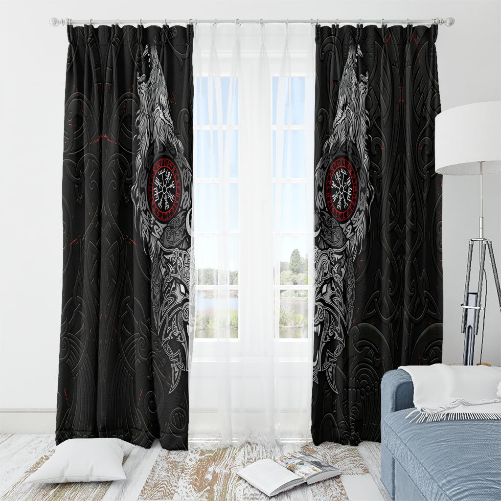 Fenrir Wolf and Vegvisir Viking Window Curtain Nordic Celtic Knotwork Black and Red Tribal Art