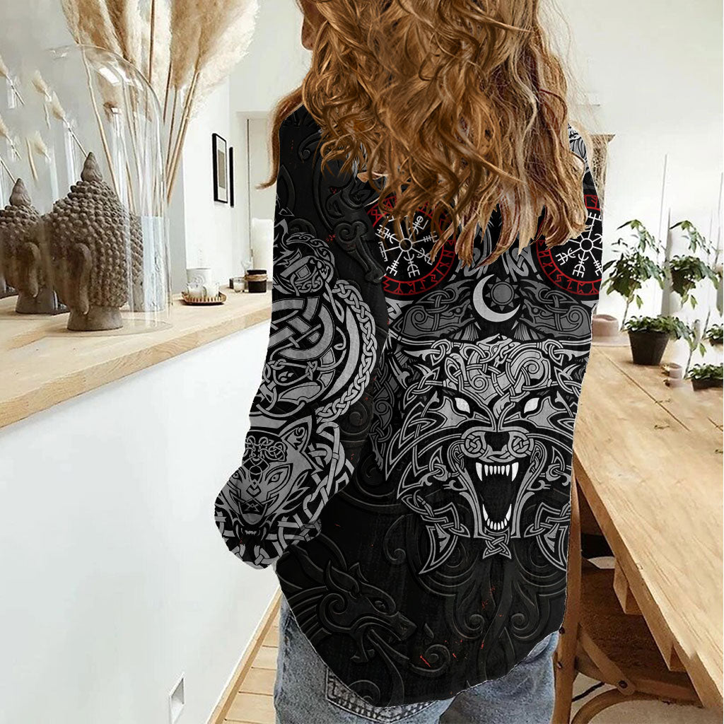 Fenrir Wolf and Vegvisir Viking Women Casual Shirt Nordic Celtic Knotwork Black and Red Tribal Art
