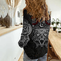 Fenrir Wolf and Vegvisir Viking Women Casual Shirt Nordic Celtic Knotwork Black and Red Tribal Art