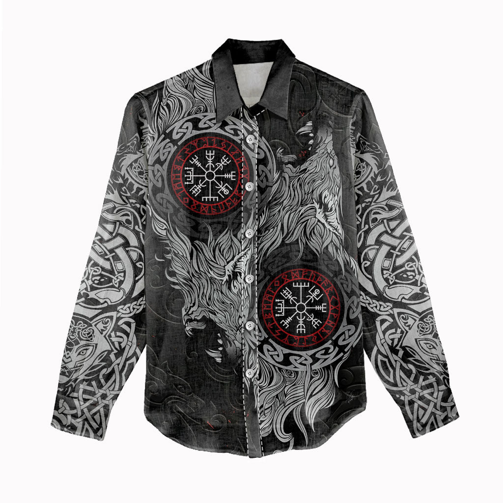 Fenrir Wolf and Vegvisir Viking Women Casual Shirt Nordic Celtic Knotwork Black and Red Tribal Art