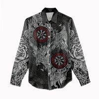 Fenrir Wolf and Vegvisir Viking Women Casual Shirt Nordic Celtic Knotwork Black and Red Tribal Art