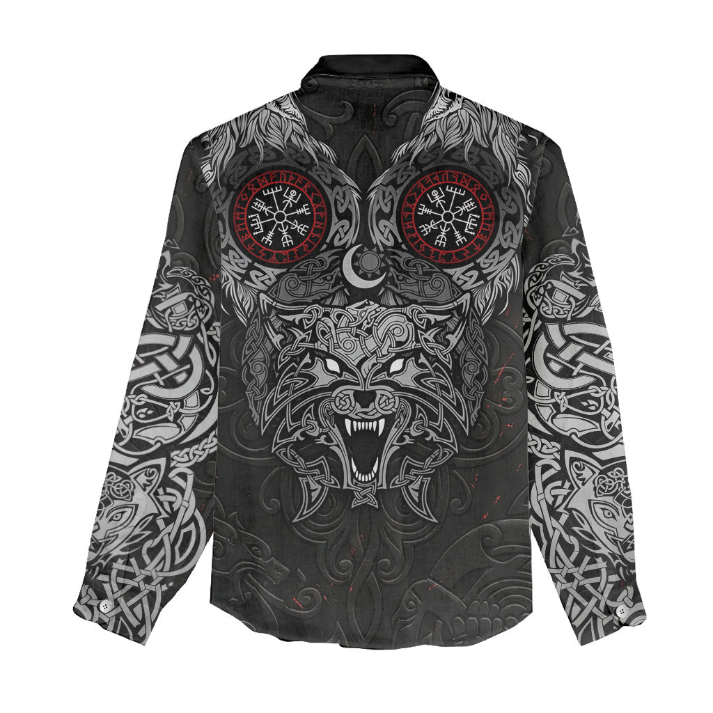 Fenrir Wolf and Vegvisir Viking Women Casual Shirt Nordic Celtic Knotwork Black and Red Tribal Art