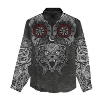 Fenrir Wolf and Vegvisir Viking Women Casual Shirt Nordic Celtic Knotwork Black and Red Tribal Art