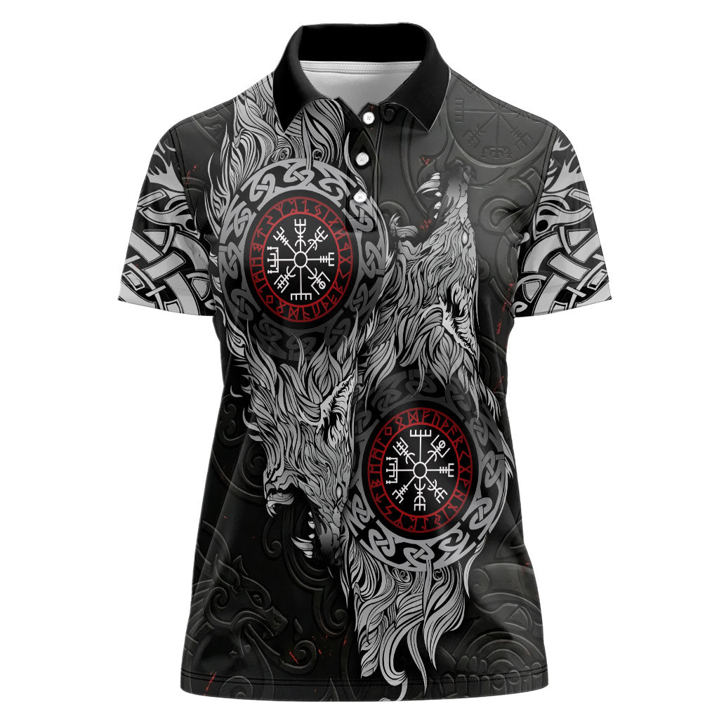 Fenrir Wolf and Vegvisir Viking Women Polo Shirt Nordic Celtic Knotwork Black and Red Tribal Art