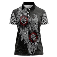 Fenrir Wolf and Vegvisir Viking Women Polo Shirt Nordic Celtic Knotwork Black and Red Tribal Art