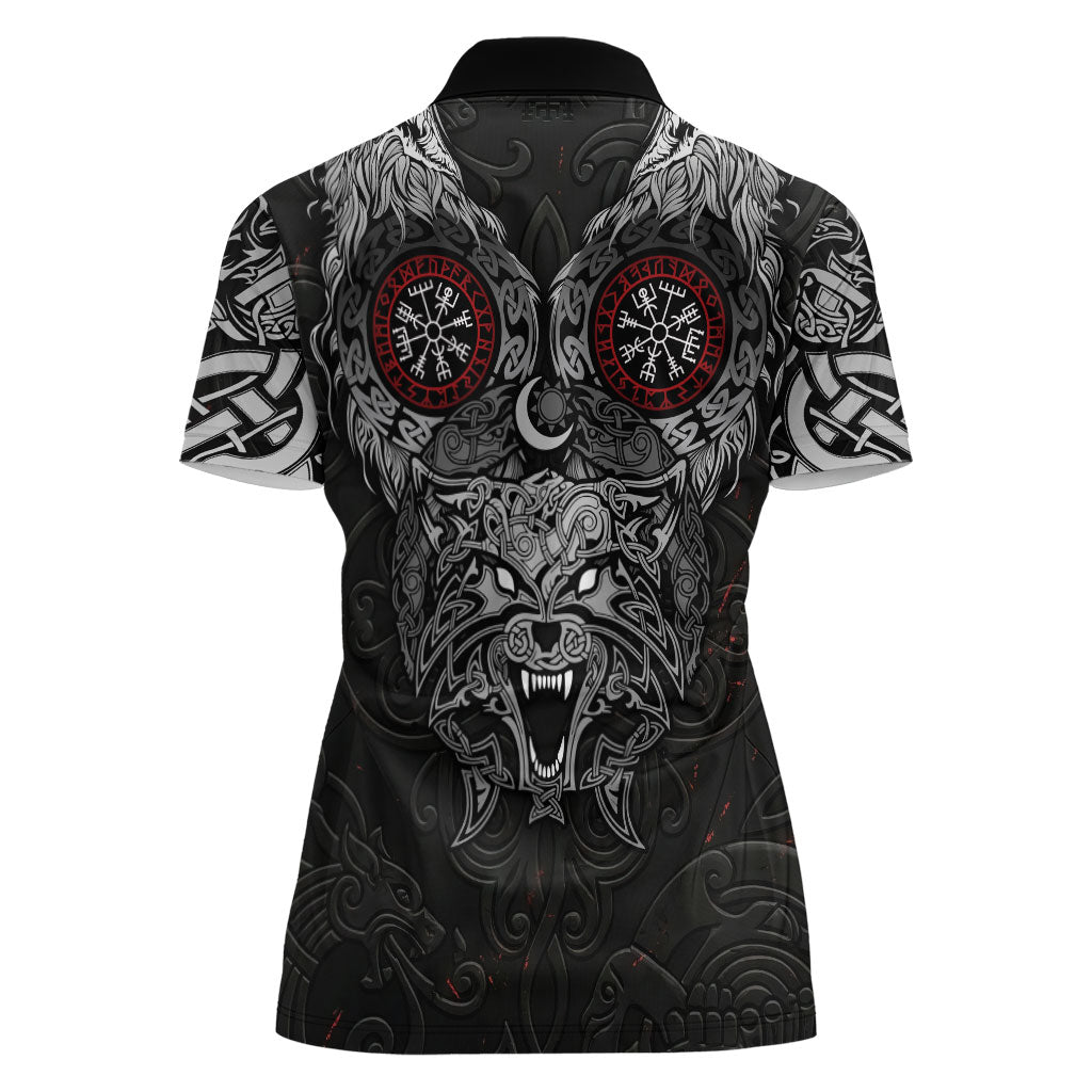 Fenrir Wolf and Vegvisir Viking Women Polo Shirt Nordic Celtic Knotwork Black and Red Tribal Art