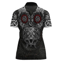 Fenrir Wolf and Vegvisir Viking Women Polo Shirt Nordic Celtic Knotwork Black and Red Tribal Art