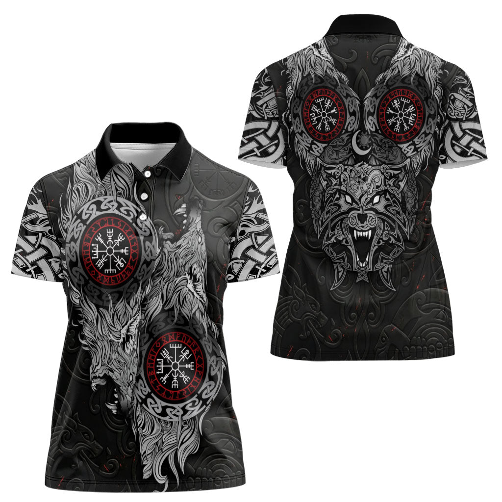 Fenrir Wolf and Vegvisir Viking Women Polo Shirt Nordic Celtic Knotwork Black and Red Tribal Art